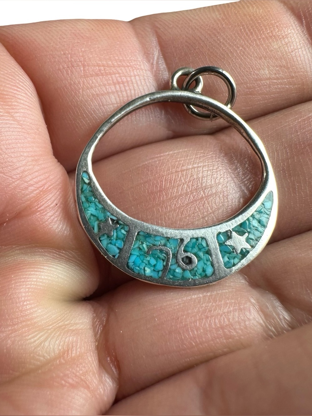 Vtg 1976 Bicentennial 76 Brier Sterling Silver Turquoise Chip Inlay Moon Pendant